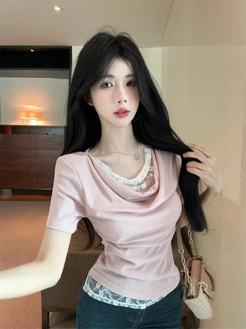 Sweet Lace Splice One-Shoulder T-Shirt Unique Design Sensation Padded Collar Fake Two-Piece Inner And Outer Wear Summer Top
Sweet Lace Splice One-Shoulder T-Shirt Unique Design Sensation Padded Collar Fake Two-Piece Inner And Outer Wear Summer Top