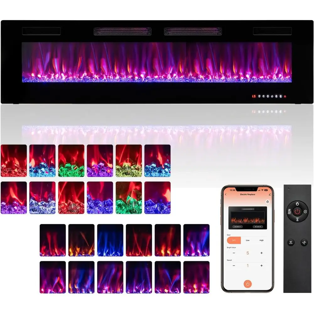60 Smart App-Controlled Electric Fireplace, Ultra Thin Linear Recessed & Wall-Mount Heater with Adjustable Flame Color & Speed,
60 Smart App-Controlled Electric Fireplace, Ultra Thin Linear Recessed & Wall-Mount Heater with Adjustable Flame Color & Speed,