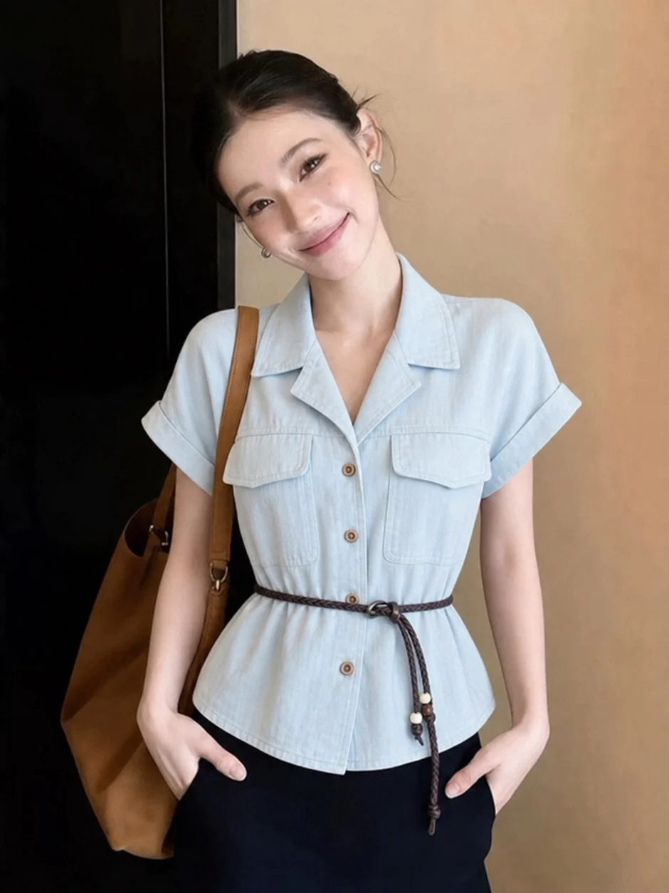 Slim Fit Short Sleeve Shirt Women's Korean Style Design Sense Waist Belt Turn-down Collar Versatile Top Summer New Arrival
Slim Fit Short Sleeve Shirt Women's Korean Style Design Sense Waist Belt Turn-down Collar Versatile Top Summer New Arrival