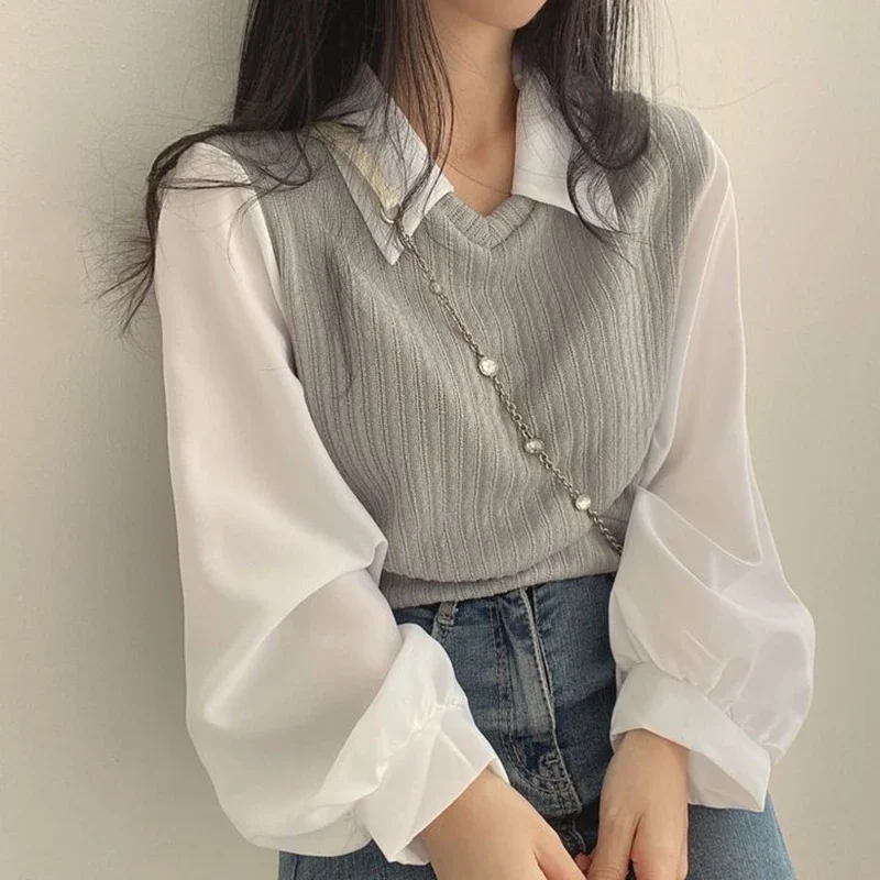 Autumn Fake Two Piece Knitted Shirts Women French Style Gray Lantern Sleeve Tops Woman Vintage Patchwork Turn-Down Collar Shirt
Autumn Fake Two Piece Knitted Shirts Women French Style Gray Lantern Sleeve Tops Woman Vintage Patchwork Turn-Down Collar Shirt