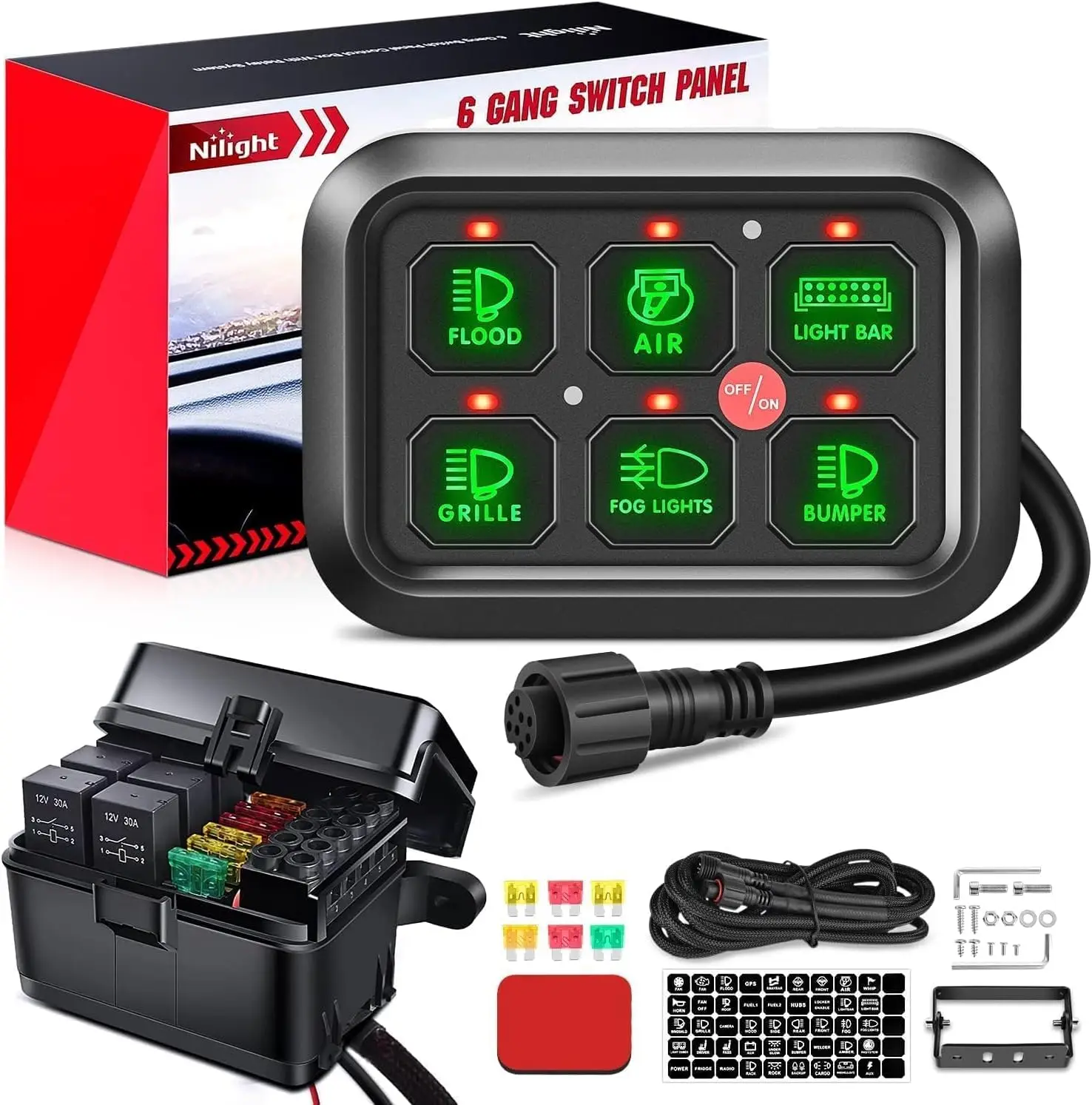 Universal 6-Gang Switch Panel with Relay System, Fuse & Wiring Harness for Cars, Trucks, Boats - 2-Year Warranty
Universal 6-Gang Switch Panel with Relay System, Fuse & Wiring Harness for Cars, Trucks, Boats - 2-Year Warranty