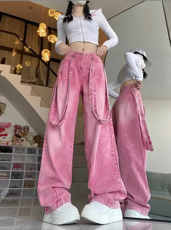 Women's Pink Dopamine Cargo Pants Shoulder Straps High Waist Chic Jeans Harajuku Street Wide Leg Denim Trousers Autumn w972
Women's Pink Dopamine Cargo Pants Shoulder Straps High Waist Chic Jeans Harajuku Street Wide Leg Denim Trousers Autumn w972