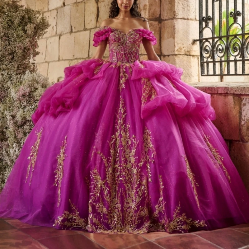 Розово-красные платья Quinceanera, бальное платье с открытыми плечами, милое платье 16, золотая аппликация, тюль с бисером, платья для дня рождения, 15 Anos
Розово-красные платья Quinceanera, бальное платье с открытыми плечами, милое платье 16, золотая аппликация, тюль с бисером, платья для дня рождения, 15 Anos
