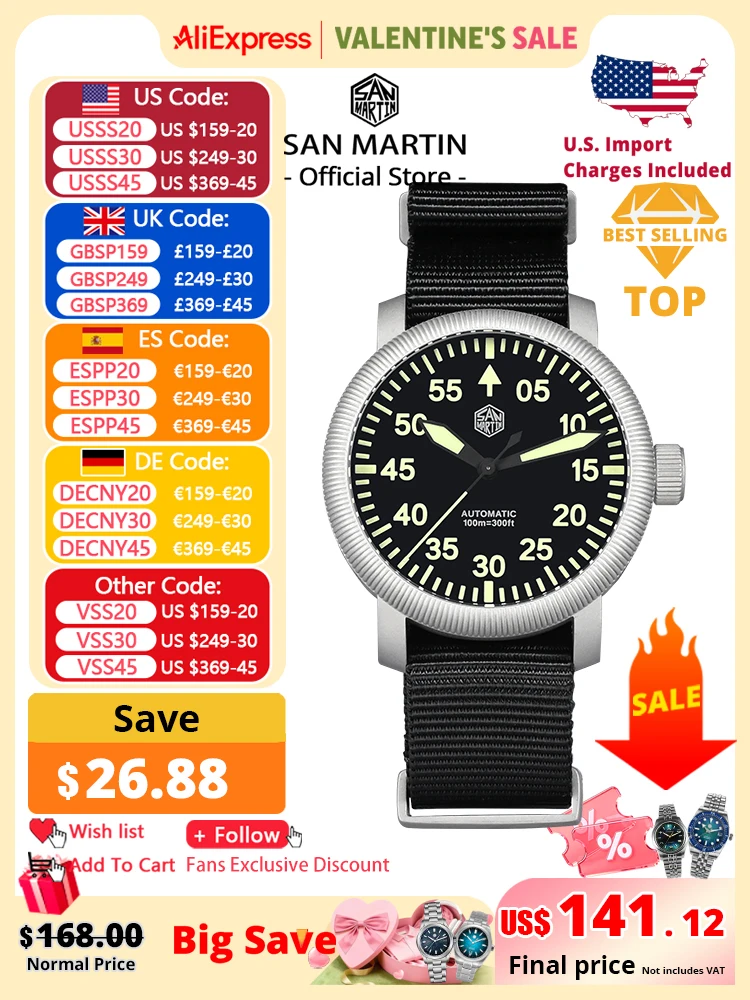 San Martin Новые 40 мм Ретро Пилот YN55 Автоматические Механические Модные Простые Стильные Мужские Наручные Часы 100 м Водонепроницаемые C3 Светящиеся SN0143
San Martin Новые 40 мм Ретро Пилот YN55 Автоматические Механические Модные Простые Стильные Мужские Наручные Часы 100 м Водонепроницаемые C3 Светящиеся SN0143