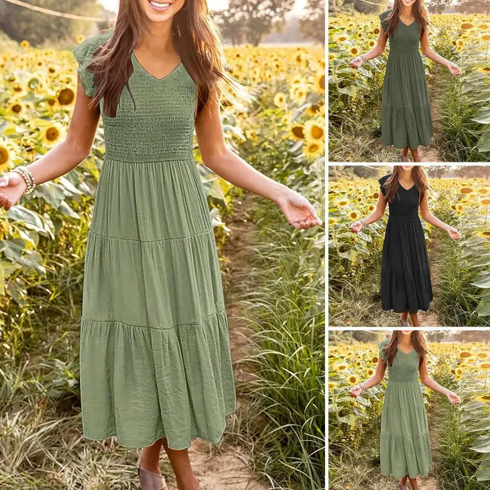 Summer Pleated Dress Solid Color Dress Elegant Pleated A-line Midi Dress with Flying Sleeves V Neck Detail for Beach Wear
Summer Pleated Dress Solid Color Dress Elegant Pleated A-line Midi Dress with Flying Sleeves V Neck Detail for Beach Wear