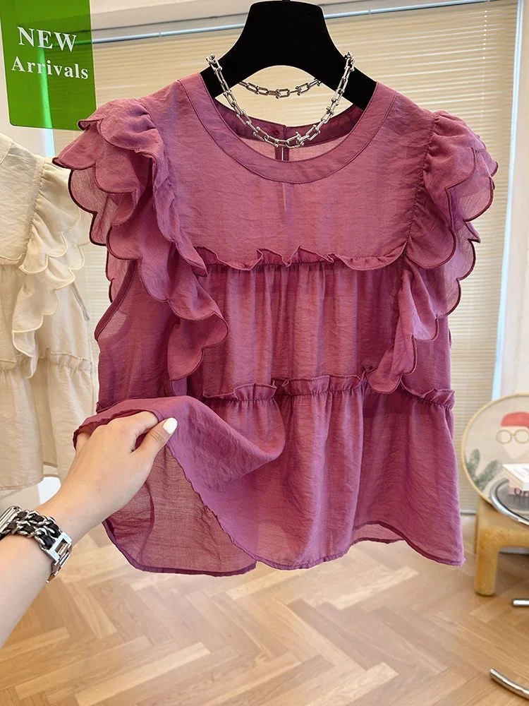 Chic round Neck Sleeveless Doll Shirt Women's Summer Sweet Style Loose Polyester Fiber Casual Comfortable Lace Top
Chic round Neck Sleeveless Doll Shirt Women's Summer Sweet Style Loose Polyester Fiber Casual Comfortable Lace Top