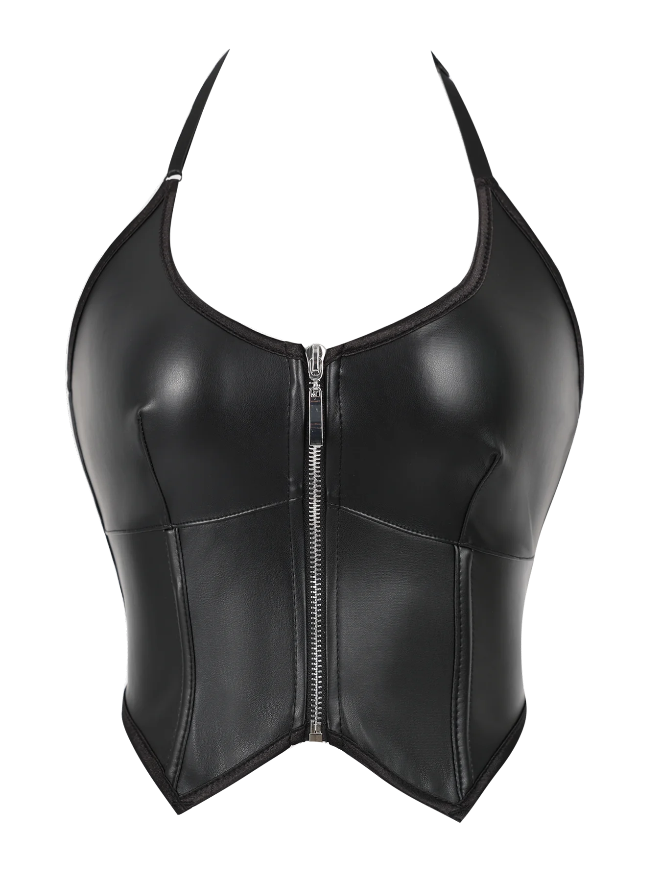 Black Faux Leather Halter Corset Top Front Zip & Back Lace Up Unlined Bustier
Black Faux Leather Halter Corset Top Front Zip & Back Lace Up Unlined Bustier