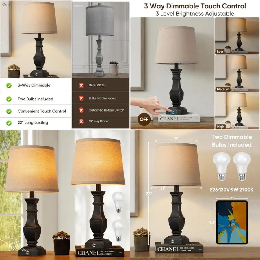 Dimmable Table Lamps Set of 2, Rustic Farmhouse Table Lamps for Living Room Bedroom, Bedside Desk Lamps for end Tables, Touch L
Dimmable Table Lamps Set of 2, Rustic Farmhouse Table Lamps for Living Room Bedroom, Bedside Desk Lamps for end Tables, Touch L