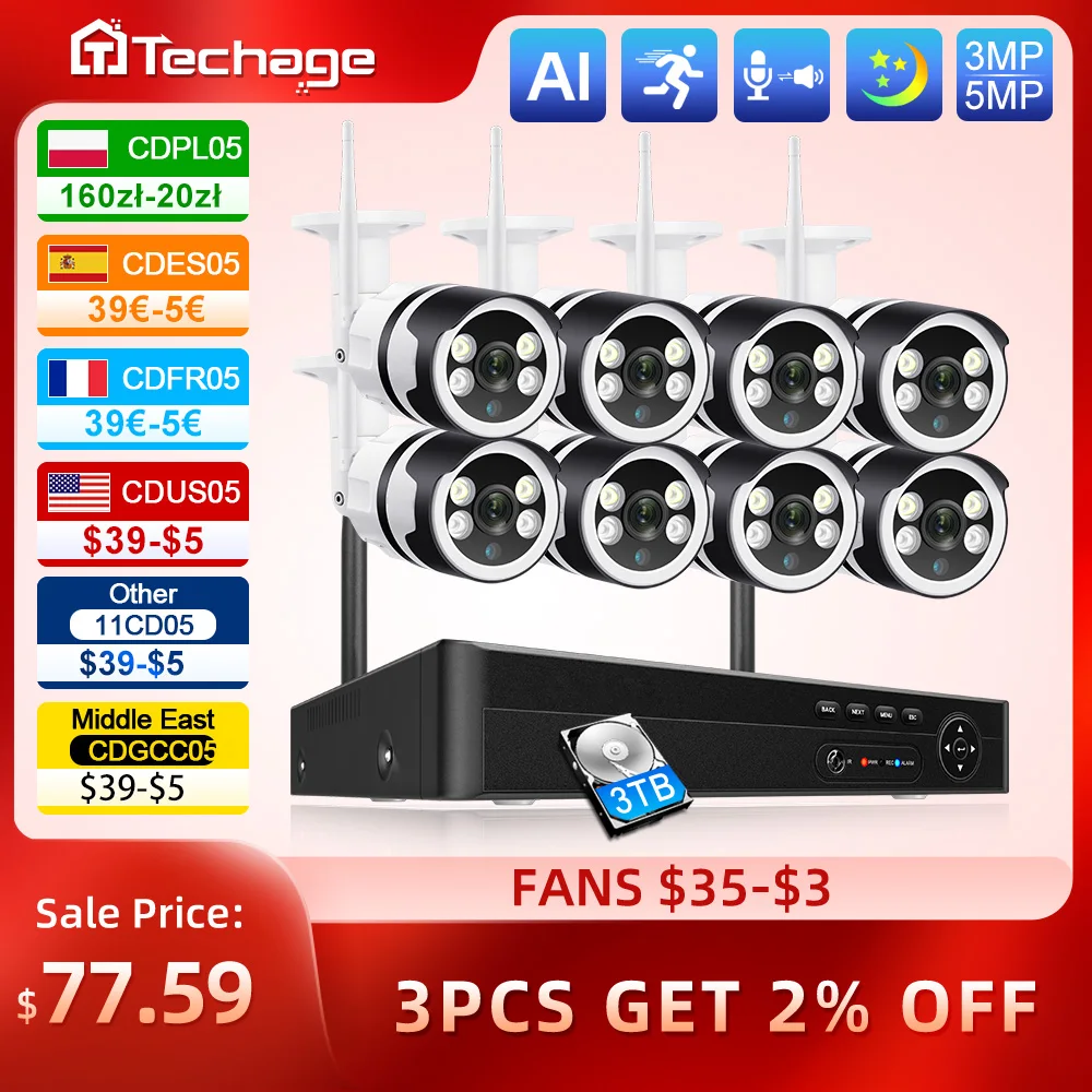 Techage 8CH 3MP 5MP Wireless Camera System Outdoor Human Detection Alarm Reminder CCTV Video Security Surveillance Kit H.265
Techage 8CH 3MP 5MP Wireless Camera System Outdoor Human Detection Alarm Reminder CCTV Video Security Surveillance Kit H.265
