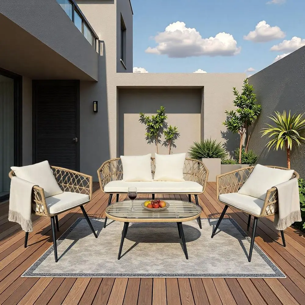 4-Piece Outdoor Patio Furniture Set with Wicker Sofa, 2 Chairs, and Glass Table, All-Weather Cushions for Garden, Porch, Backyar
4-Piece Outdoor Patio Furniture Set with Wicker Sofa, 2 Chairs, and Glass Table, All-Weather Cushions for Garden, Porch, Backyar