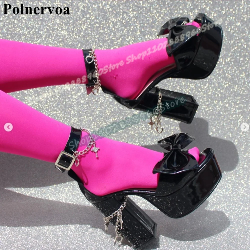 Black Glossy Leather Bowknot Metal Chain Sandals Chunky High Heel Shoes For Women Ankle Buckle Strap Peep Toe Party Sandals
Black Glossy Leather Bowknot Metal Chain Sandals Chunky High Heel Shoes For Women Ankle Buckle Strap Peep Toe Party Sandals