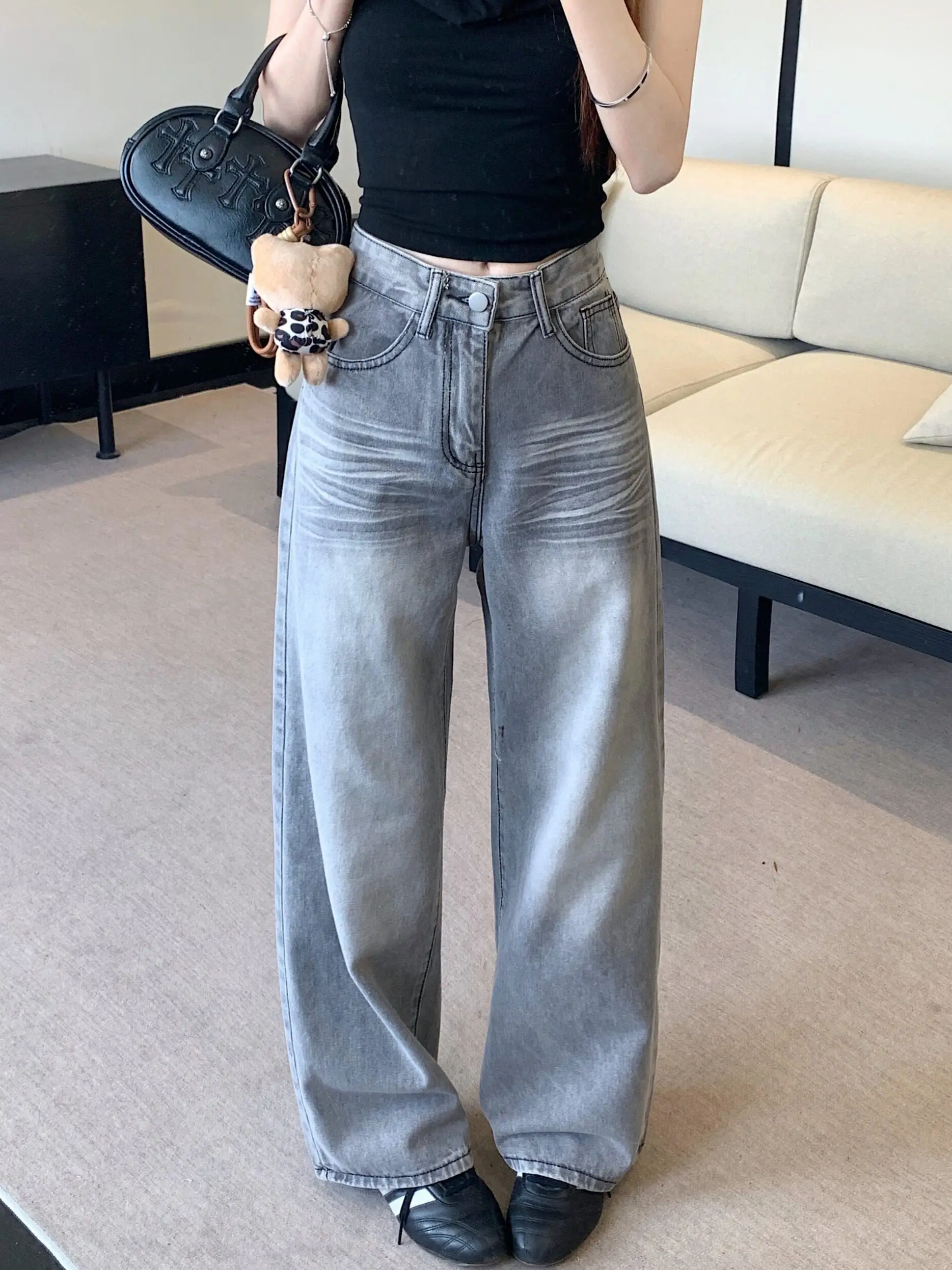 Retro American Grey Washed Denim Jeans Women's Summer Loose Slimming Drapey Straight Leg Pants High Waist Pocket Detail
Retro American Grey Washed Denim Jeans Women's Summer Loose Slimming Drapey Straight Leg Pants High Waist Pocket Detail