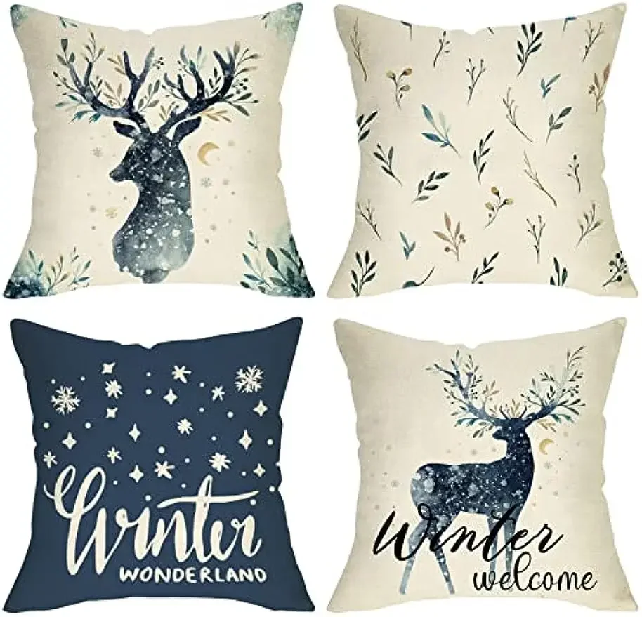 Winter wonderland, reindeer pillowcase, blue snowflake elk farmhouse decoration, pillowcase decoration, sofa, linen 
Winter wonderland, reindeer pillowcase, blue snowflake elk farmhouse decoration, pillowcase decoration, sofa, linen