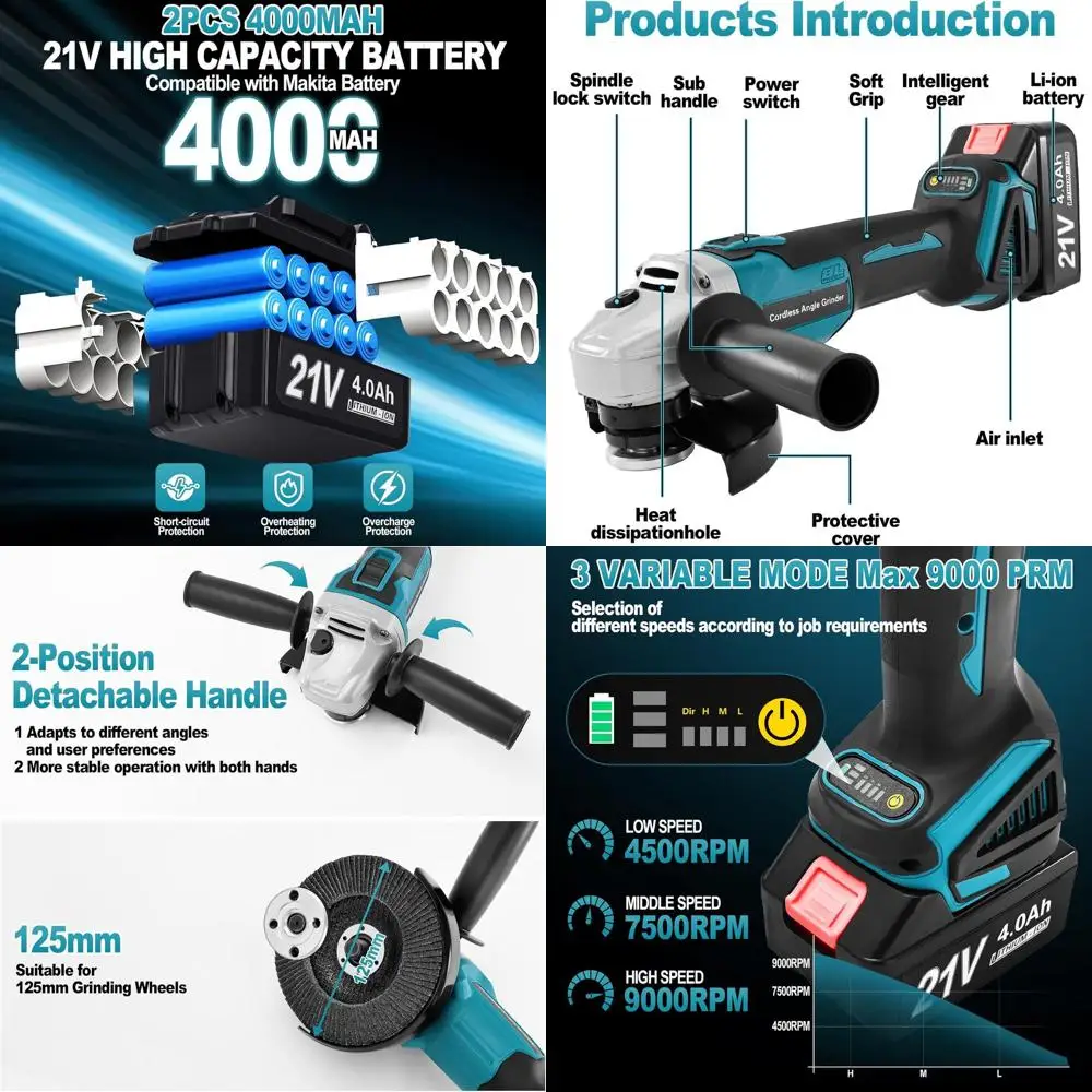 18V/21V Cordless Angle Grinder with 2x 4.0Ah Batteries, 9000RPM, 3-Speed Brushless Grinder for Metalworking
18V/21V Cordless Angle Grinder with 2x 4.0Ah Batteries, 9000RPM, 3-Speed Brushless Grinder for Metalworking