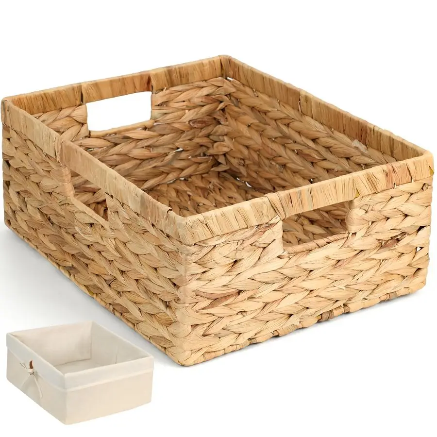 Плетеные корзины из натурального водяного гиацинта для хранения и организации на полках с ручками и хлопковыми вставками
Плетеные корзины из натурального водяного гиацинта для хранения и организации на полках с ручками и хлопковыми вставками