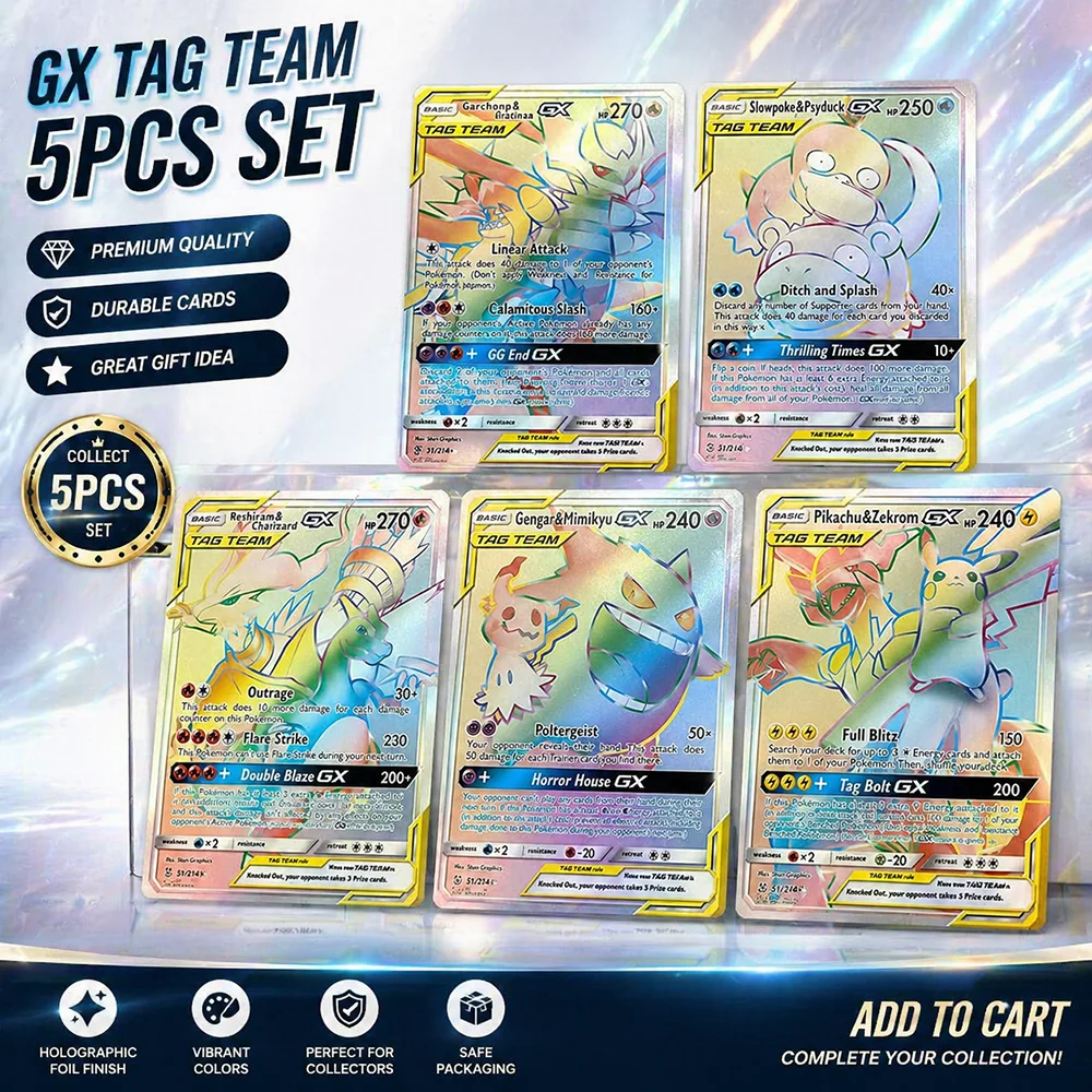 Anime Collectible Cards Tag Team GX Rainbow Rare Set Gengar & Mimikyu Pichu& Zekrom Holo Foil Collectible Trading Cards Gift
Anime Collectible Cards Tag Team GX Rainbow Rare Set Gengar & Mimikyu Pichu& Zekrom Holo Foil Collectible Trading Cards Gift