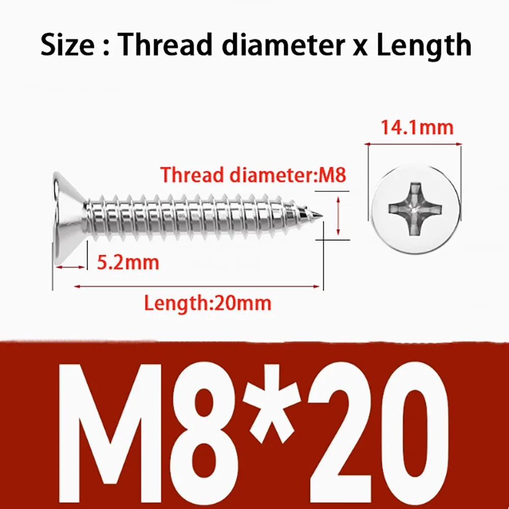 Length 16mm-100mm 304 Stainless Steel Self Tapping Screw M6 M8 Cross Countersunk Head Flat Head Screw Wooden Board Screw
Length 16mm-100mm 304 Stainless Steel Self Tapping Screw M6 M8 Cross Countersunk Head Flat Head Screw Wooden Board Screw