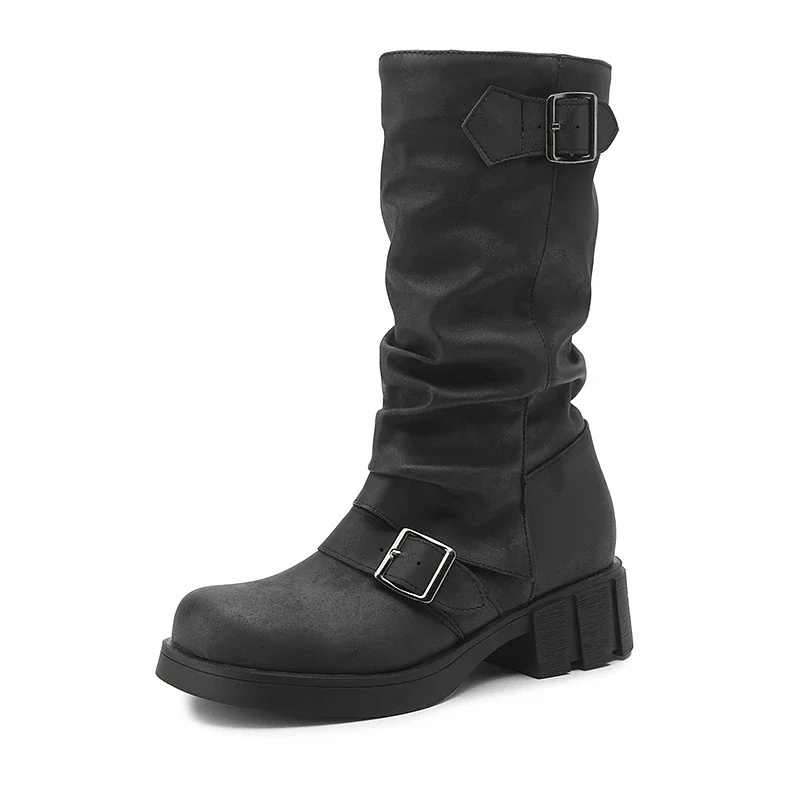 Dark Brown Round Toe Pleated Designer Goth Women Shoes for Winter Fall Platform Chunky Med Heels Buckle Riding Motorcycle Boots
Dark Brown Round Toe Pleated Designer Goth Women Shoes for Winter Fall Platform Chunky Med Heels Buckle Riding Motorcycle Boots