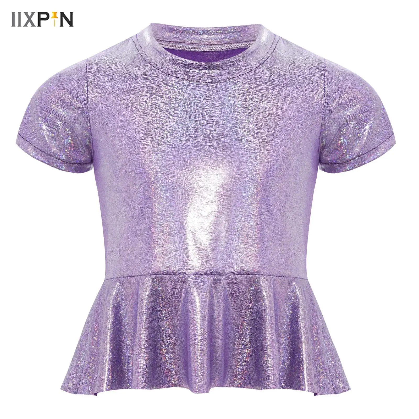 Kids Girls Metallic Peplum Tees Top Round Neck Short Sleeves T-shirt for Cheerleading Jazz Dance Stage Performance Party Costume
Kids Girls Metallic Peplum Tees Top Round Neck Short Sleeves T-shirt for Cheerleading Jazz Dance Stage Performance Party Costume