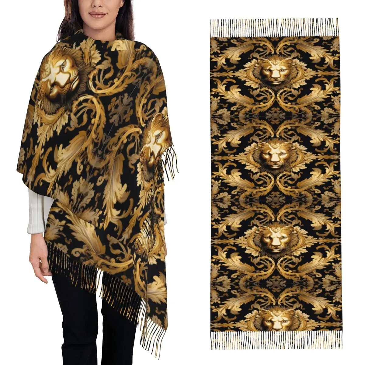 Золотой шарф с принтом льва в стиле барокко, шарфы с кисточками, женские мягкие теплые шали и накидки, большая осенне-зимняя шаль