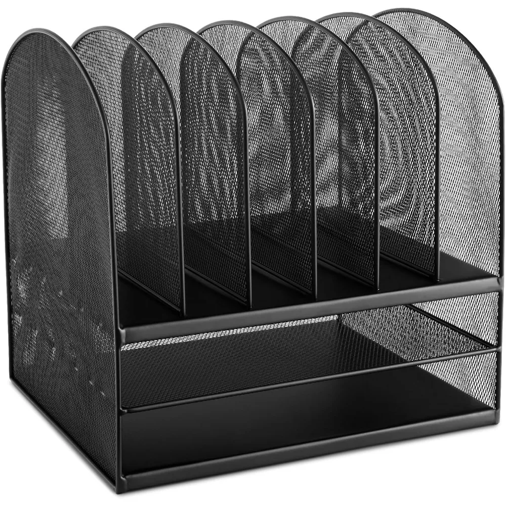 Onyx Mesh Desk Organizer with 6 Vertical Compartments and 2 Trays, Steel Paper Sorter for Office Classroom Mail Storage
Onyx Mesh Desk Organizer with 6 Vertical Compartments and 2 Trays, Steel Paper Sorter for Office Classroom Mail Storage