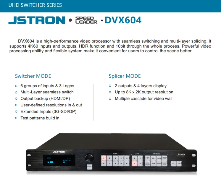 Speedleader JSTRON DVX604S wIth SDI port led processor Seamless swither Splicer can instead LVP6000S DVX402S DVX802S
Speedleader JSTRON DVX604S wIth SDI port led processor Seamless swither Splicer can instead LVP6000S DVX402S DVX802S