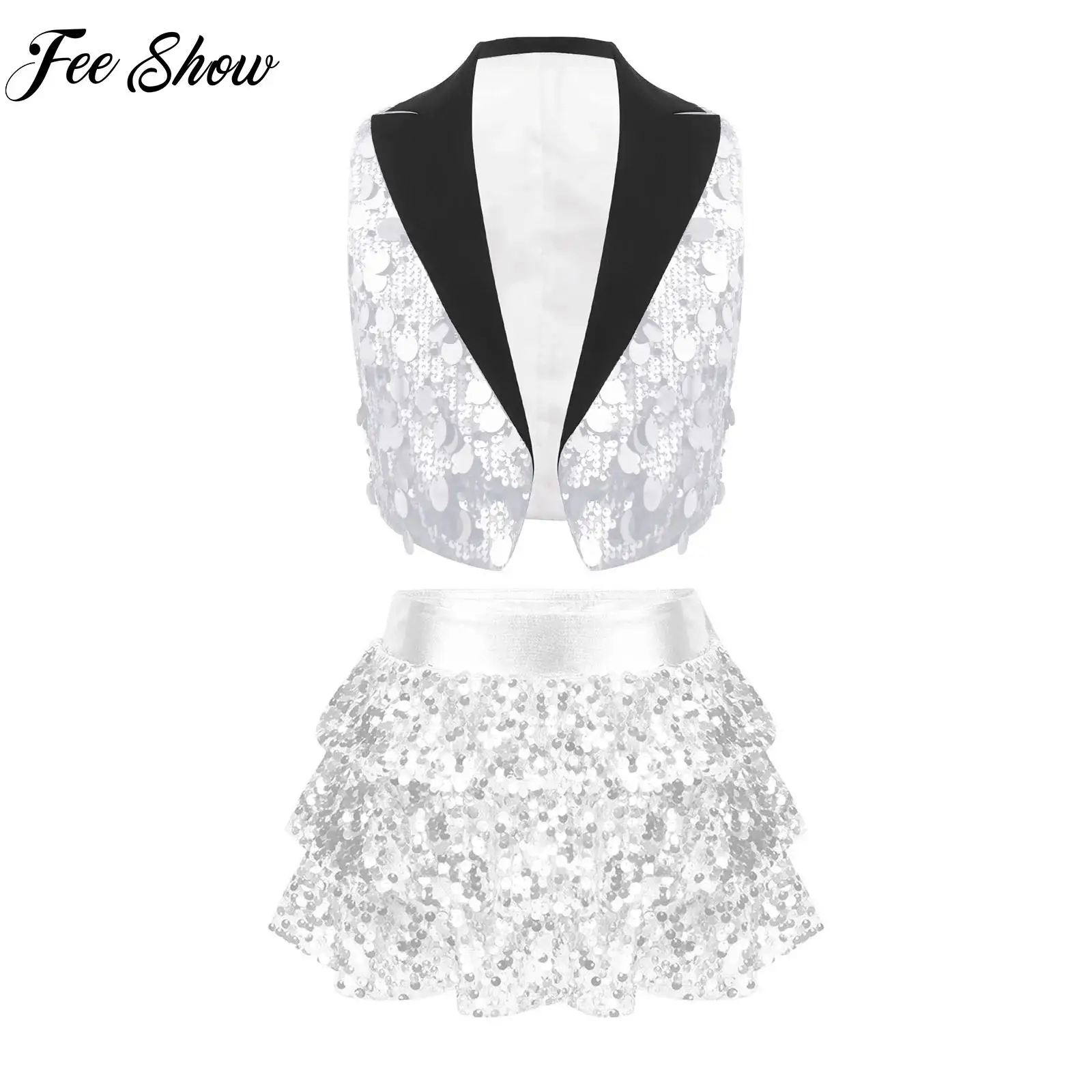 Kids Girls Glitter Sequin Party Outfit Lapel V Neck Open Front Vest Crop Top and Tiered Ruffled Skirt for Jazz Disco Prom
Kids Girls Glitter Sequin Party Outfit Lapel V Neck Open Front Vest Crop Top and Tiered Ruffled Skirt for Jazz Disco Prom