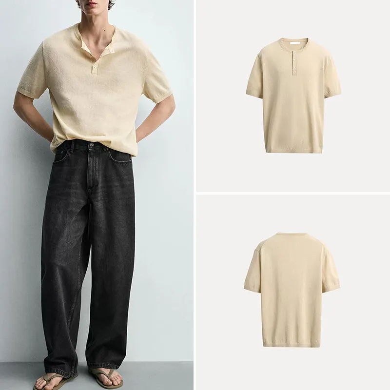 Men's Fashionable Knitted Short Sleeve T-Shirt Button up Henry Top Loose Fit round Neck Summer 2026 Zadata Casual Wear
Men's Fashionable Knitted Short Sleeve T-Shirt Button up Henry Top Loose Fit round Neck Summer 2026 Zadata Casual Wear