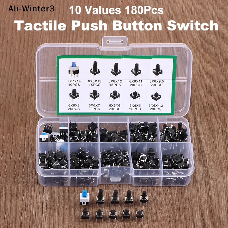 Набор тактильных кнопочных переключателей, 10 типов, 180 шт., мини-переключатели 6*6, 4.3-13 мм, 7*7 мм, мгновенного действия
Набор тактильных кнопочных переключателей, 10 типов, 180 шт., мини-переключатели 6*6, 4.3-13 мм, 7*7 мм, мгновенного действия
