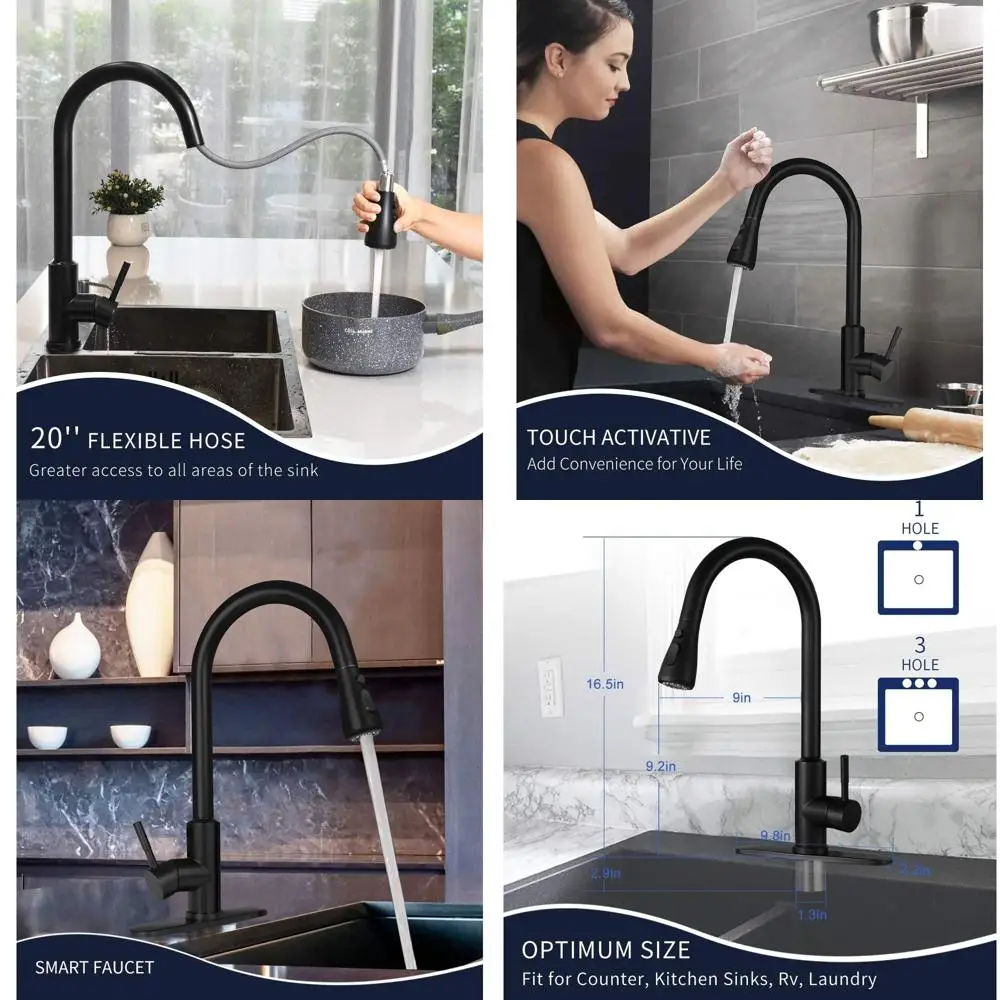 Матовый черный кухонный смеситель с выдвижным изливом, из нержавеющей стали, с одной ручкой, для раковины, с функцией управления без рук
Матовый черный кухонный смеситель с выдвижным изливом, из нержавеющей стали, с одной ручкой, для раковины, с функцией управления без рук