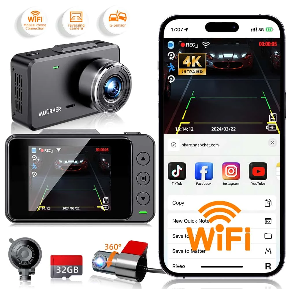 4K Front & 1080P Rear Dash Cam | 5G WiFi 2" Screen G-Sensing 24H Parking Easy Install + Free 32G Card
4K Front & 1080P Rear Dash Cam | 5G WiFi 2" Screen G-Sensing 24H Parking Easy Install + Free 32G Card