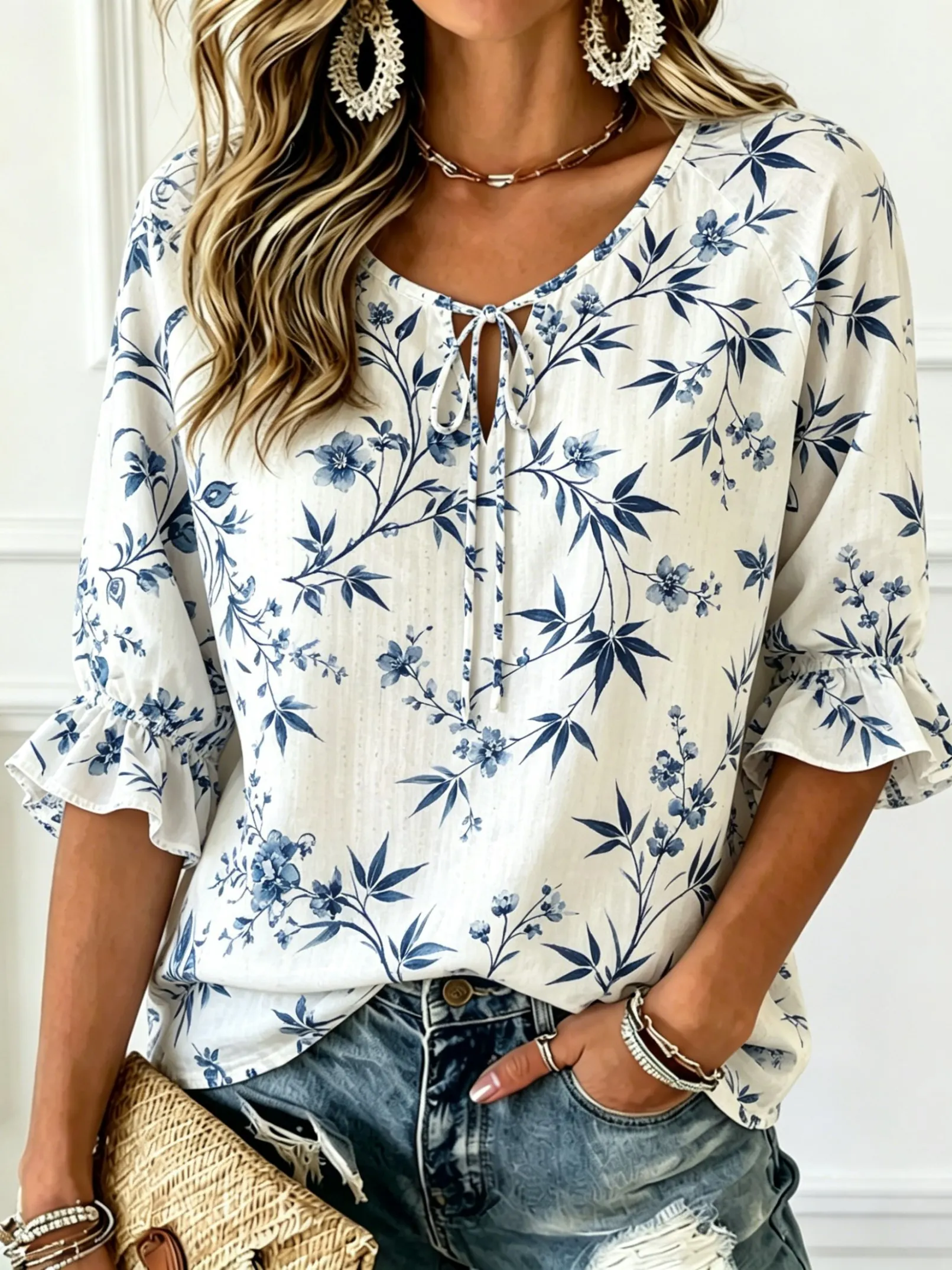 Women's Tie Keyhole Neck Blouse, White Base Blue Ink Style Bamboo Floral Branch Print, Loose Fit for Spring Summer Daily Outfits
Women's Tie Keyhole Neck Blouse, White Base Blue Ink Style Bamboo Floral Branch Print, Loose Fit for Spring Summer Daily Outfits
