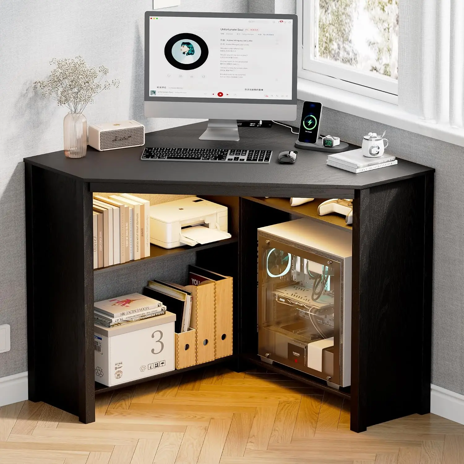 Corner Desk with Charging Station & LED Light, Triangle Desk with CPU Stand & Shelves, Gaming Desk for Home Office, Customized
Corner Desk with Charging Station & LED Light, Triangle Desk with CPU Stand & Shelves, Gaming Desk for Home Office, Customized
