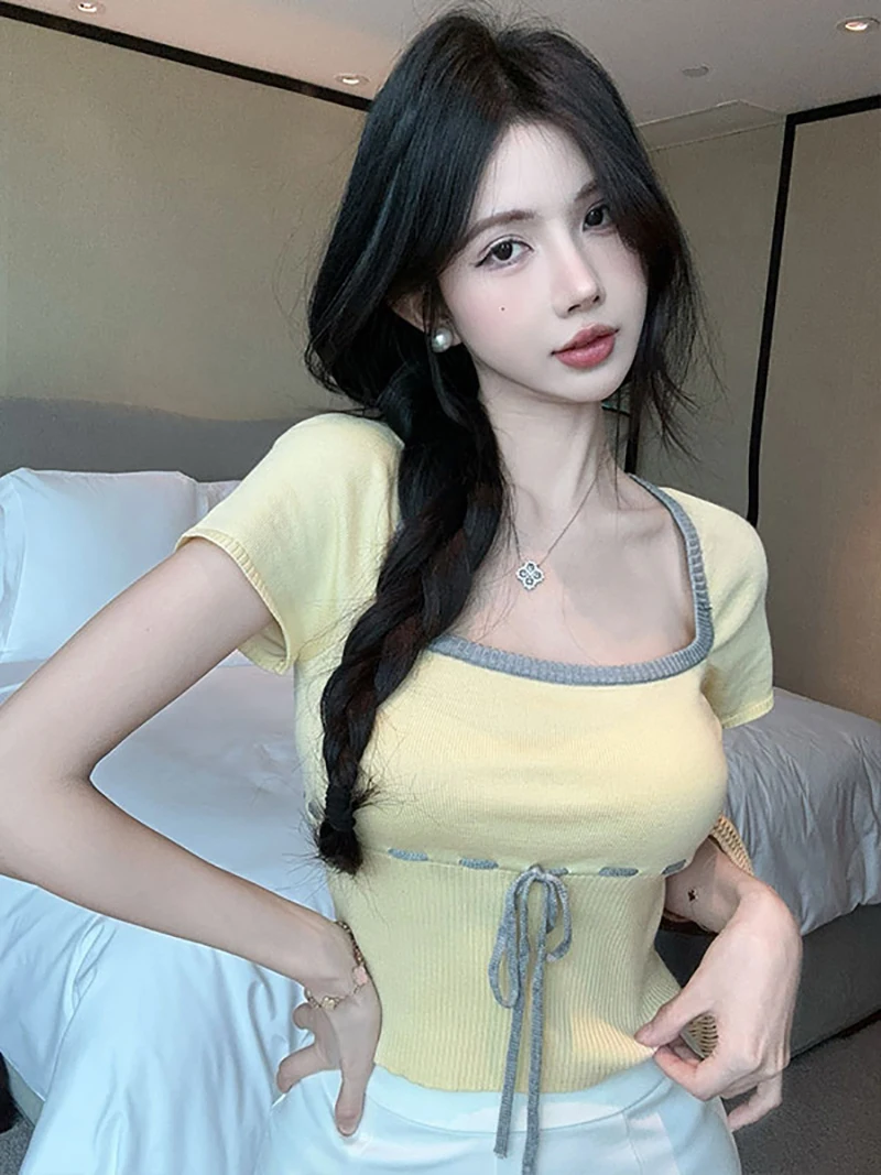 Pure Desire Contrast Color Block Drawstring Design Square Collar Short Sleeve T-Shirt Women Spring Inner Knitted Short Top
Pure Desire Contrast Color Block Drawstring Design Square Collar Short Sleeve T-Shirt Women Spring Inner Knitted Short Top