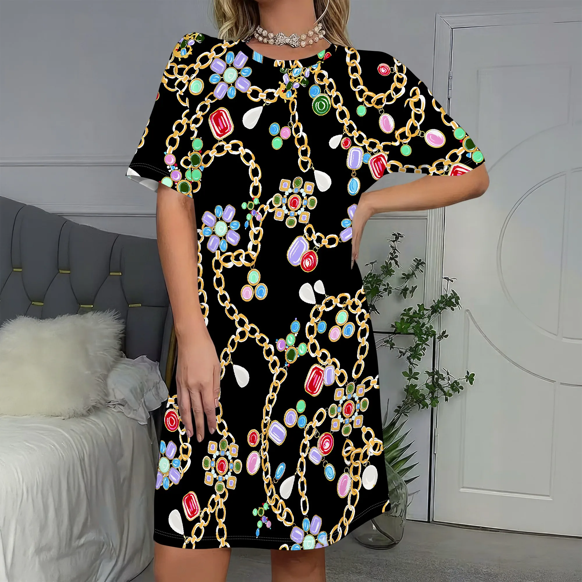 Jewelry Print Dress, Gold Chain Pattern Colorful Gemstones, Floral Motif Short Sleeve, Summer Casual Wear for Women, S-2XL
Jewelry Print Dress, Gold Chain Pattern Colorful Gemstones, Floral Motif Short Sleeve, Summer Casual Wear for Women, S-2XL