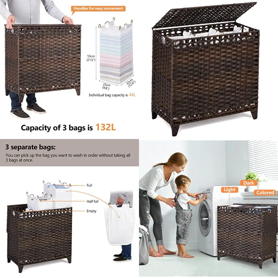 Laundry Hamper with 3 Removable Liner Bags; 132L Handwoven Rattan Laundry Basket with Lid Heightened Feet; Clothes Hamper with
Laundry Hamper with 3 Removable Liner Bags; 132L Handwoven Rattan Laundry Basket with Lid Heightened Feet; Clothes Hamper with