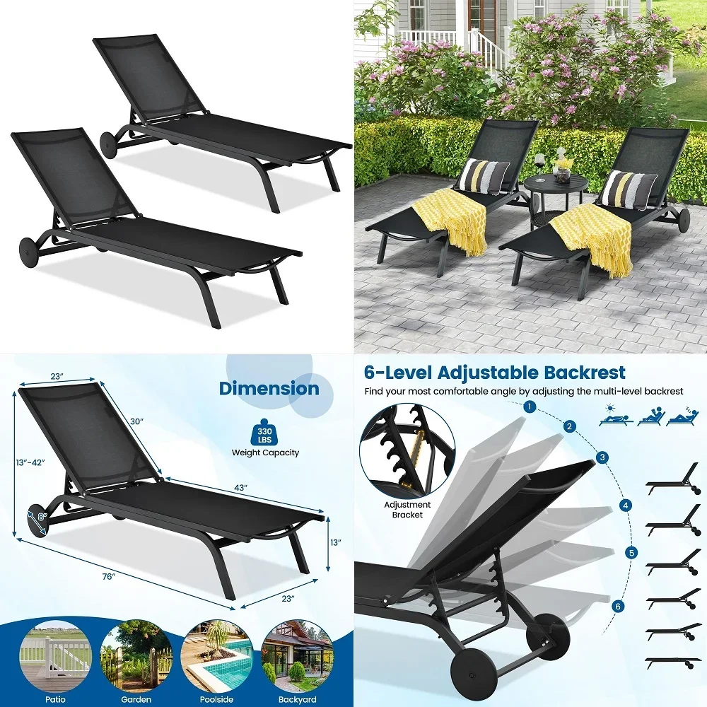 2 PCS Outdoor Patio Chaise Lounge, 6Position Adjustable Pool Lounger with Stable Aluminum Frame, Portable Sun Bathing Lounge Ch
2 PCS Outdoor Patio Chaise Lounge, 6Position Adjustable Pool Lounger with Stable Aluminum Frame, Portable Sun Bathing Lounge Ch