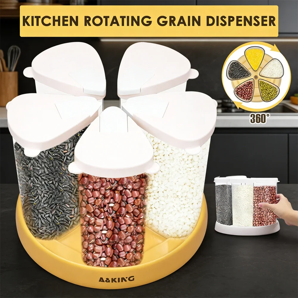 5 Grid Food Grain Storage Container Plastic Kitchen Storage Containers with 360 ° Rotating Base Transparent Grain Rice Dispenser