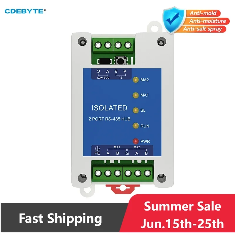 Industrial 2way Cache Type RS485 to 1way RS485 Hub DC 9~40V Optical Isolation Multi to one Hub CDEBYTE E810-R21 ESD Protection
Industrial 2way Cache Type RS485 to 1way RS485 Hub DC 9~40V Optical Isolation Multi to one Hub CDEBYTE E810-R21 ESD Protection