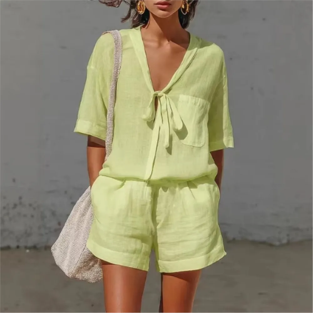 Summer Solid Color Casual Cardigan Lace-up Short-sleeved Shirt Set Women Fashion Loose Beach Vacation Shorts 2-piece Set Female
Summer Solid Color Casual Cardigan Lace-up Short-sleeved Shirt Set Women Fashion Loose Beach Vacation Shorts 2-piece Set Female