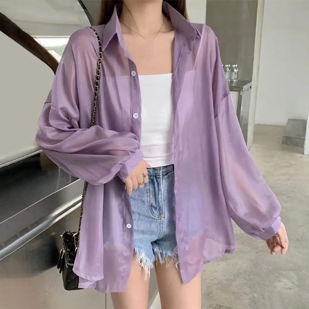 Women Shirt Lapel Long Sleeve Single Breasted Shirt Tops Solid Color Loose Fit See-through Glossy Fabric Sunscreen Thin Shirt
Women Shirt Lapel Long Sleeve Single Breasted Shirt Tops Solid Color Loose Fit See-through Glossy Fabric Sunscreen Thin Shirt