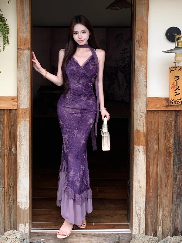 Purple Lace Halter Dress Women's Summer New Chinese Style Waist Cinching Slimming Bodycon Fish Tail Long Elegant Gown Dress
Purple Lace Halter Dress Women's Summer New Chinese Style Waist Cinching Slimming Bodycon Fish Tail Long Elegant Gown Dress