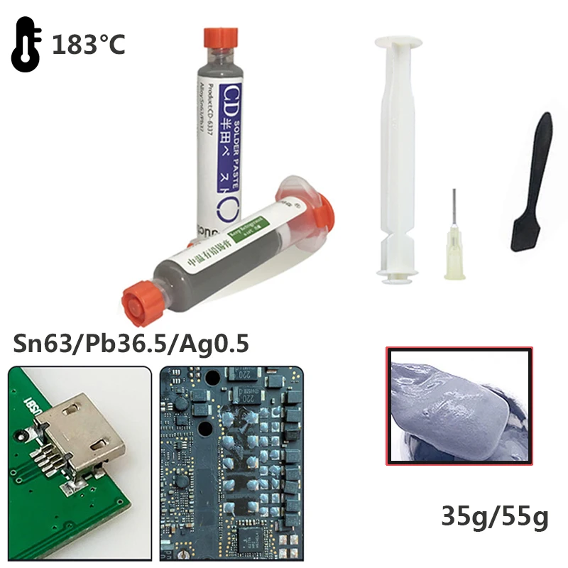 Solder Paste Melting Point 183 Flux 10CC Tin Soldering 25-45um with Syringe for Mobile Phone SMD BGA PCB Repair Soldering Paste
Solder Paste Melting Point 183 Flux 10CC Tin Soldering 25-45um with Syringe for Mobile Phone SMD BGA PCB Repair Soldering Paste