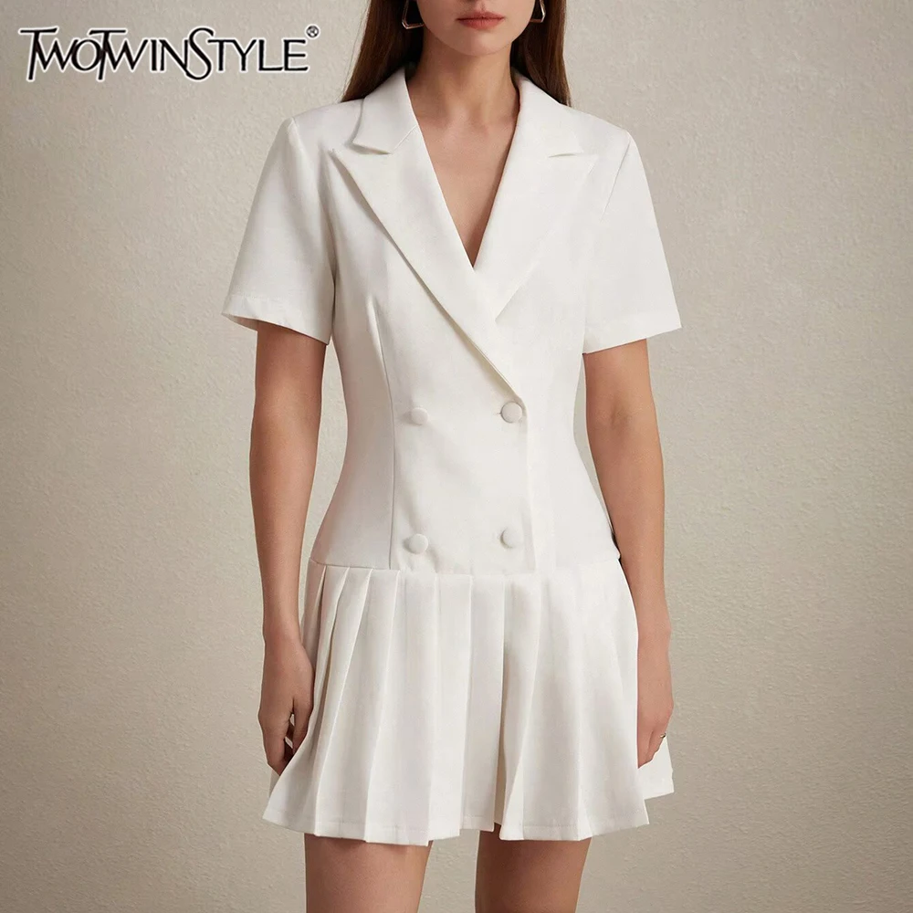 TWOTWINSTYLE Solid Spliced Button Slimming Mini Dresses for Women Lapel Short Sleeve High Waist Temperament Dress Female
TWOTWINSTYLE Solid Spliced Button Slimming Mini Dresses for Women Lapel Short Sleeve High Waist Temperament Dress Female