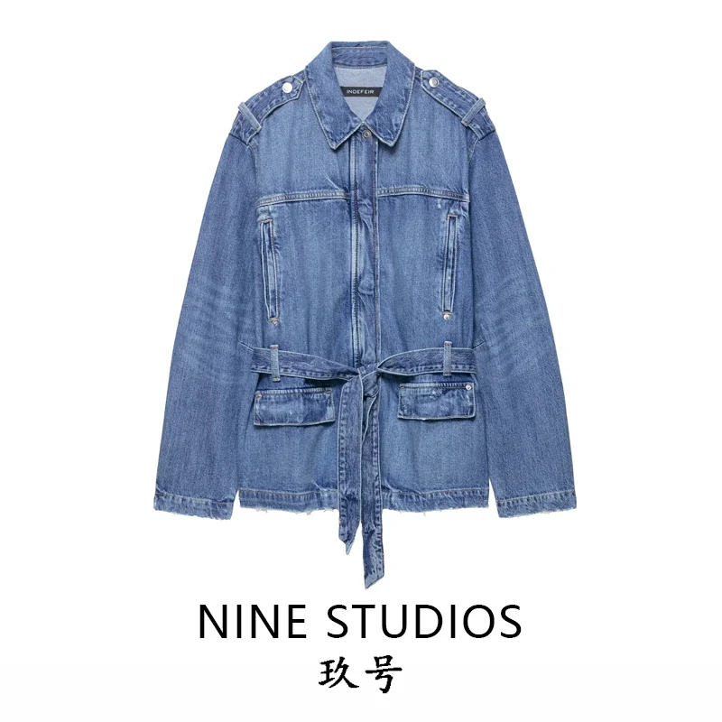 Loose Women's Denim Jaet with Belt And ket Decorations Long Coat Cotton Collar Button Closure Summer Faion 
Loose Women's Denim Jaet with Belt And ket Decorations Long Coat Cotton Collar Button Closure Summer Faion