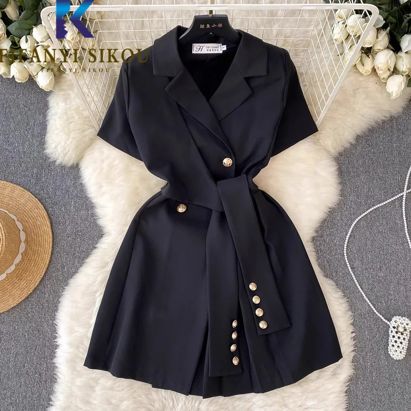 Black Short Sleeve Suit Dress Women Notched Collar Belt Fashion High Waist Short Dress Casual Elegant 2024 Summer Dress Female
Black Short Sleeve Suit Dress Women Notched Collar Belt Fashion High Waist Short Dress Casual Elegant 2024 Summer Dress Female