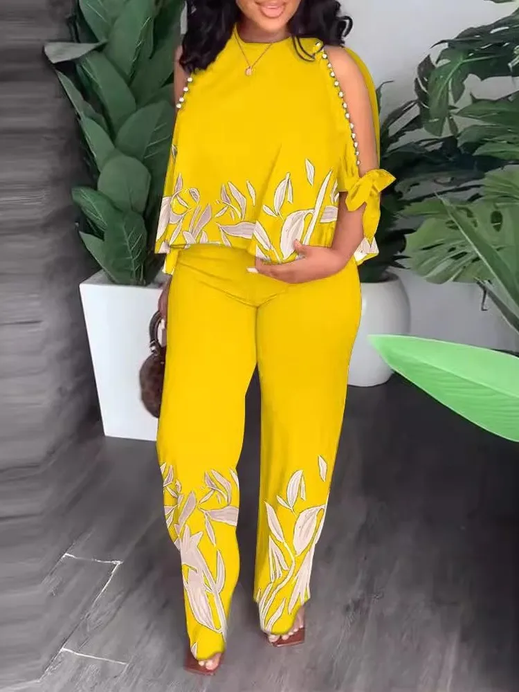 Fashion O-neck Short-sleeved Beaded Hollow Top + Wide-leg Pants 2-piece Set For Women Summer Elegant Printed Casual Suit Female
Fashion O-neck Short-sleeved Beaded Hollow Top + Wide-leg Pants 2-piece Set For Women Summer Elegant Printed Casual Suit Female