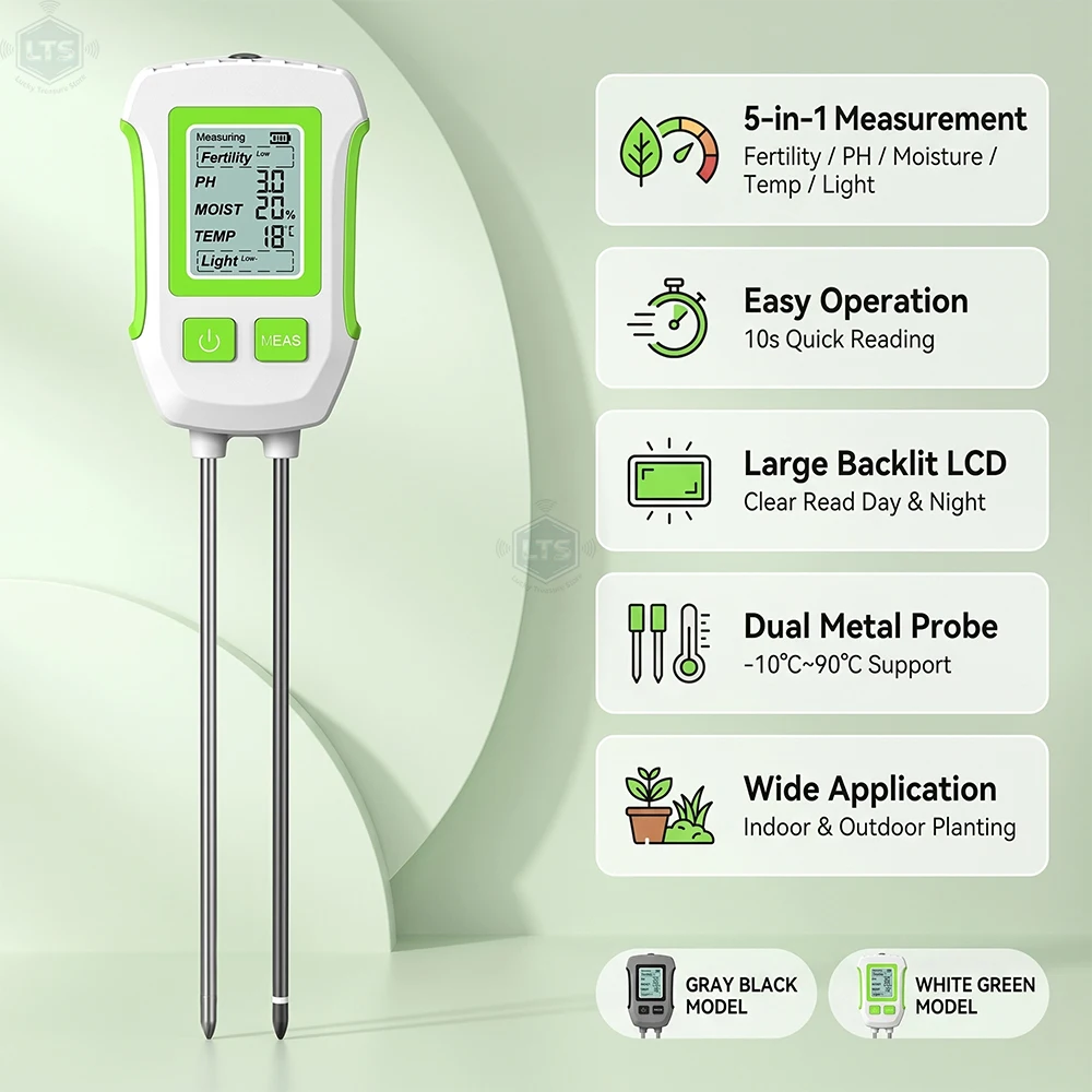 5 in 1 Digital LCD Soil Tester PH Moisture Temperature High Accuracy Soil Meter with Backlight for House Plants Garden Lawn Farm
5 in 1 Digital LCD Soil Tester PH Moisture Temperature High Accuracy Soil Meter with Backlight for House Plants Garden Lawn Farm