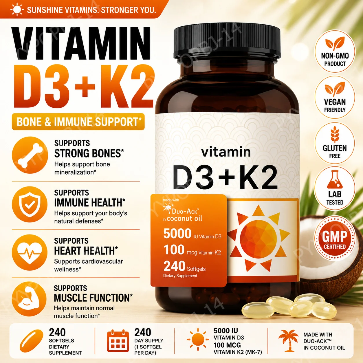 Vitamin D3 5000 IU + K2 MK-7 100mcg Softgels with Coconut Oil 240 Softgels Non-GMO Gluten Free
Vitamin D3 5000 IU + K2 MK-7 100mcg Softgels with Coconut Oil 240 Softgels Non-GMO Gluten Free
