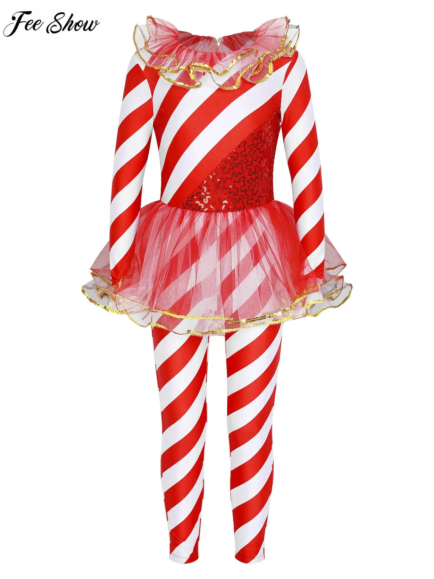 Kids Girls Striped Santa Jumpsuit Leotard Round Neck Long Sleeve Sequin Mesh Patchwork Dance Jumpsuit for Christmas Party
Kids Girls Striped Santa Jumpsuit Leotard Round Neck Long Sleeve Sequin Mesh Patchwork Dance Jumpsuit for Christmas Party